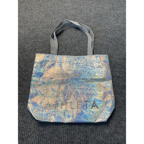 ATHLETA Travel Shopping Reusable Tote Bag Iridescent Silver Metallic Size 14x12 - Picture 1 of 9